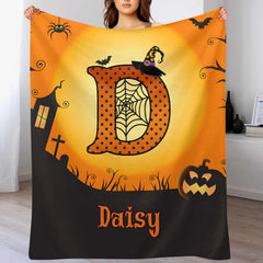 Custom Halloween Blanket – Personalized Spooky Throw Blanket with Initial & Name – Gift for Kids, Girls & Boys - OLESA