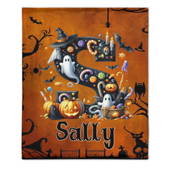 Custom Halloween Letter Blanket - Personalized Initial Name Throw Blanket - Gift for Kids & Families - OLESA