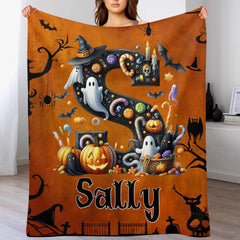 Custom Halloween Letter Blanket - Personalized Initial Name Throw Blanket - Gift for Kids & Families - OLESA
