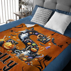 Custom Halloween Letter Blanket - Personalized Initial Name Throw Blanket - Gift for Kids & Families - OLESA