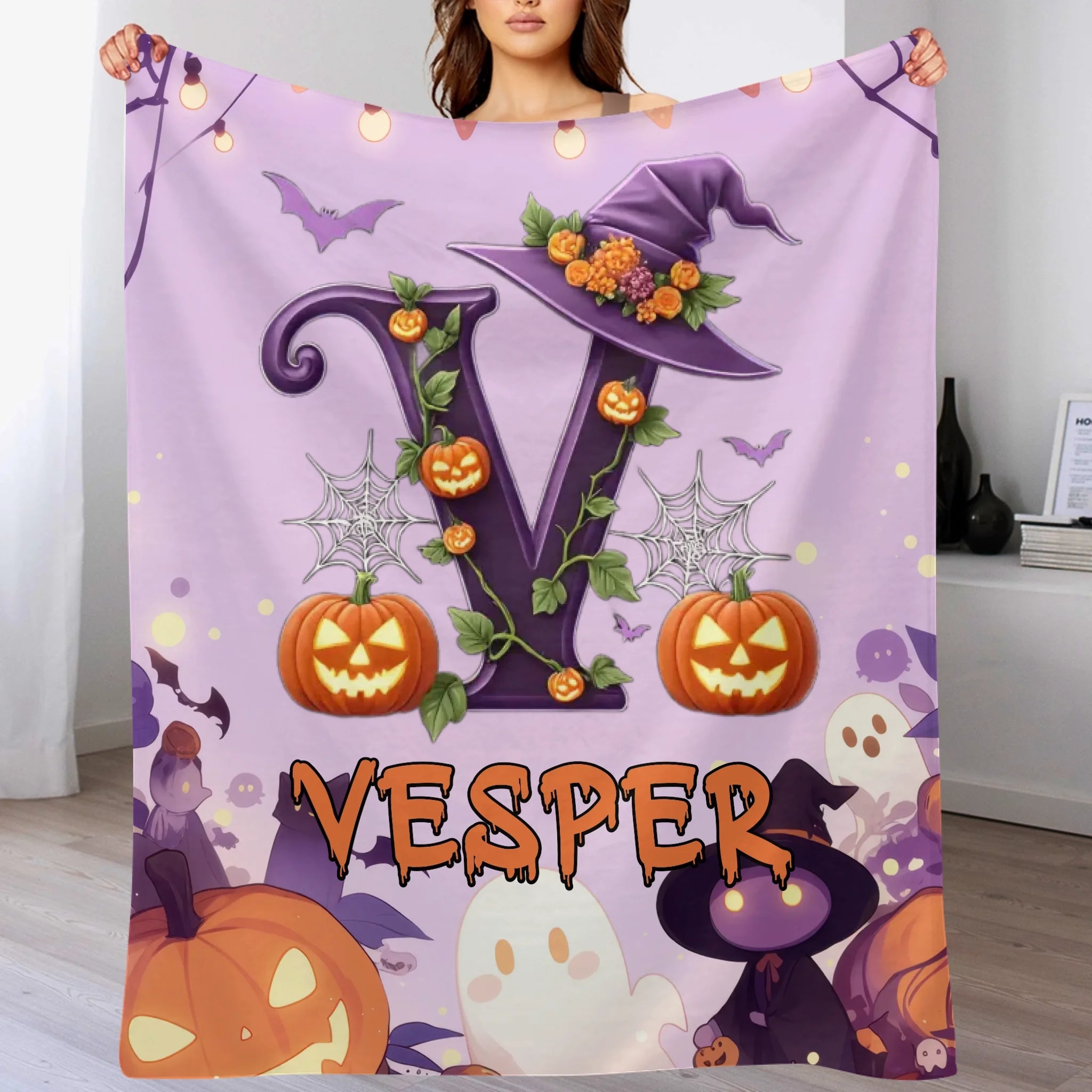 Custom Halloween Letter Blanket - Personalized Pumpkin Initial Throw - Gift for Kids & Families - OLESA