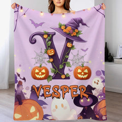 Custom Halloween Letter Blanket - Personalized Pumpkin Initial Throw - Gift for Kids & Families - OLESA