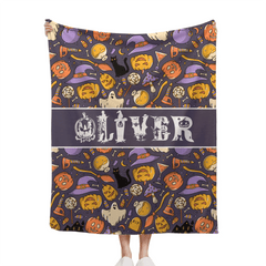 Custom Halloween Name Blanket – Personalized Pumpkin & Ghost Letter – Gift for Kids - OLESA