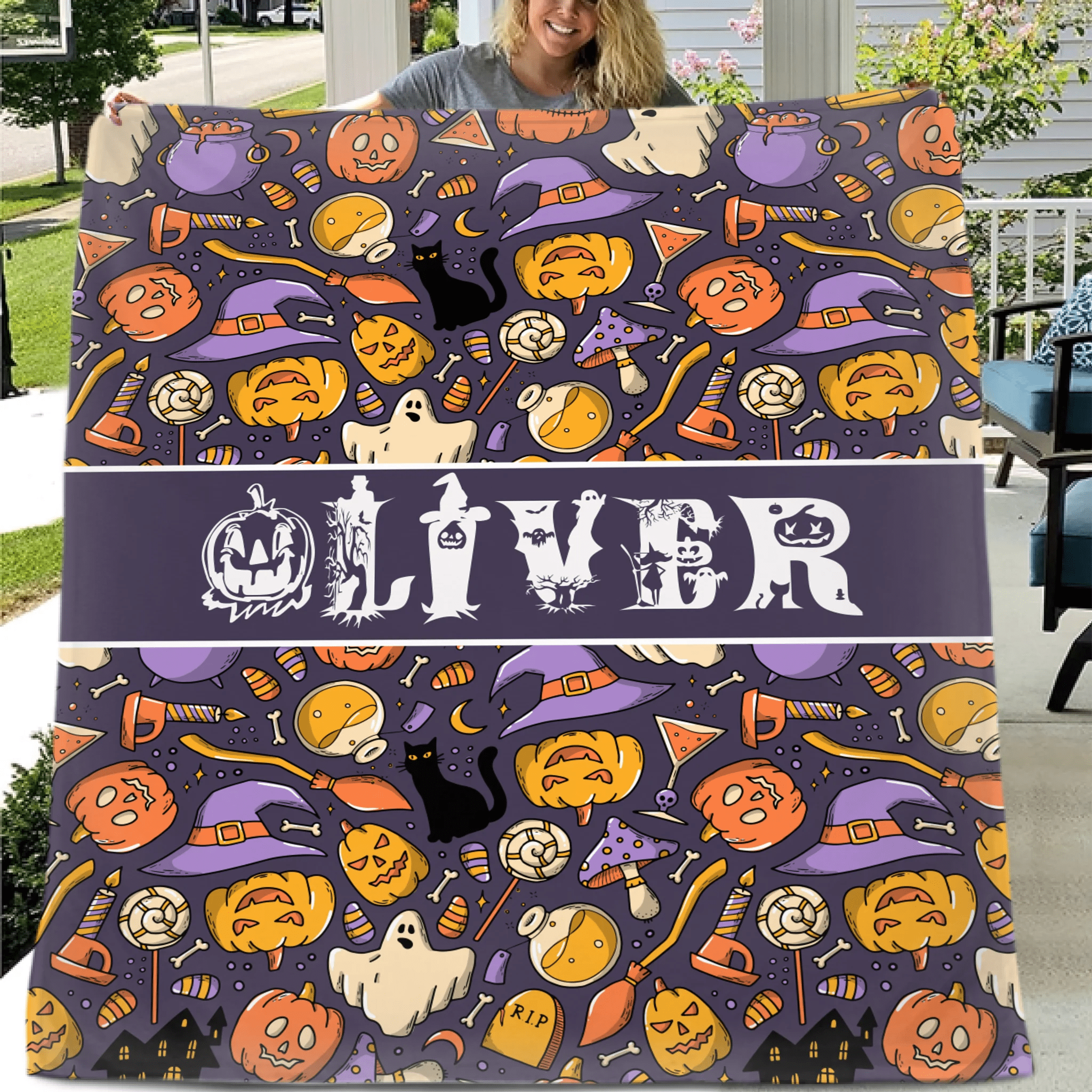 Custom Halloween Name Blanket – Personalized Pumpkin & Ghost Letter – Gift for Kids - OLESA
