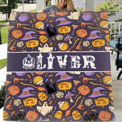 Custom Halloween Name Blanket – Personalized Pumpkin & Ghost Letter – Gift for Kids - OLESA