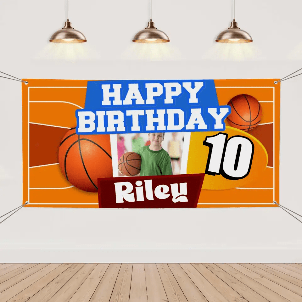 Custom Happy Birthday Banner - Personalized Basketball Banner - Gift For Children,Boy Girl Sports - OLESA