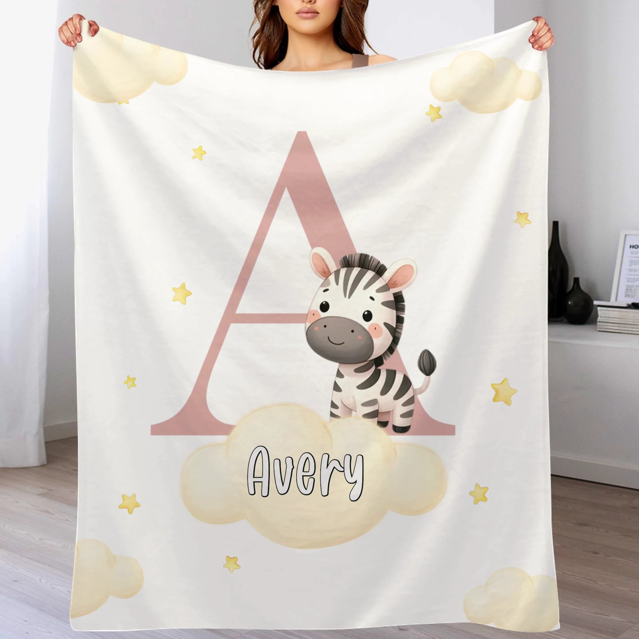 Custom Initial Baby Blanket - Personalized Animal Nursery Throw with Name and Color Letter - Gift for Newborns Boys Girls - OLESA