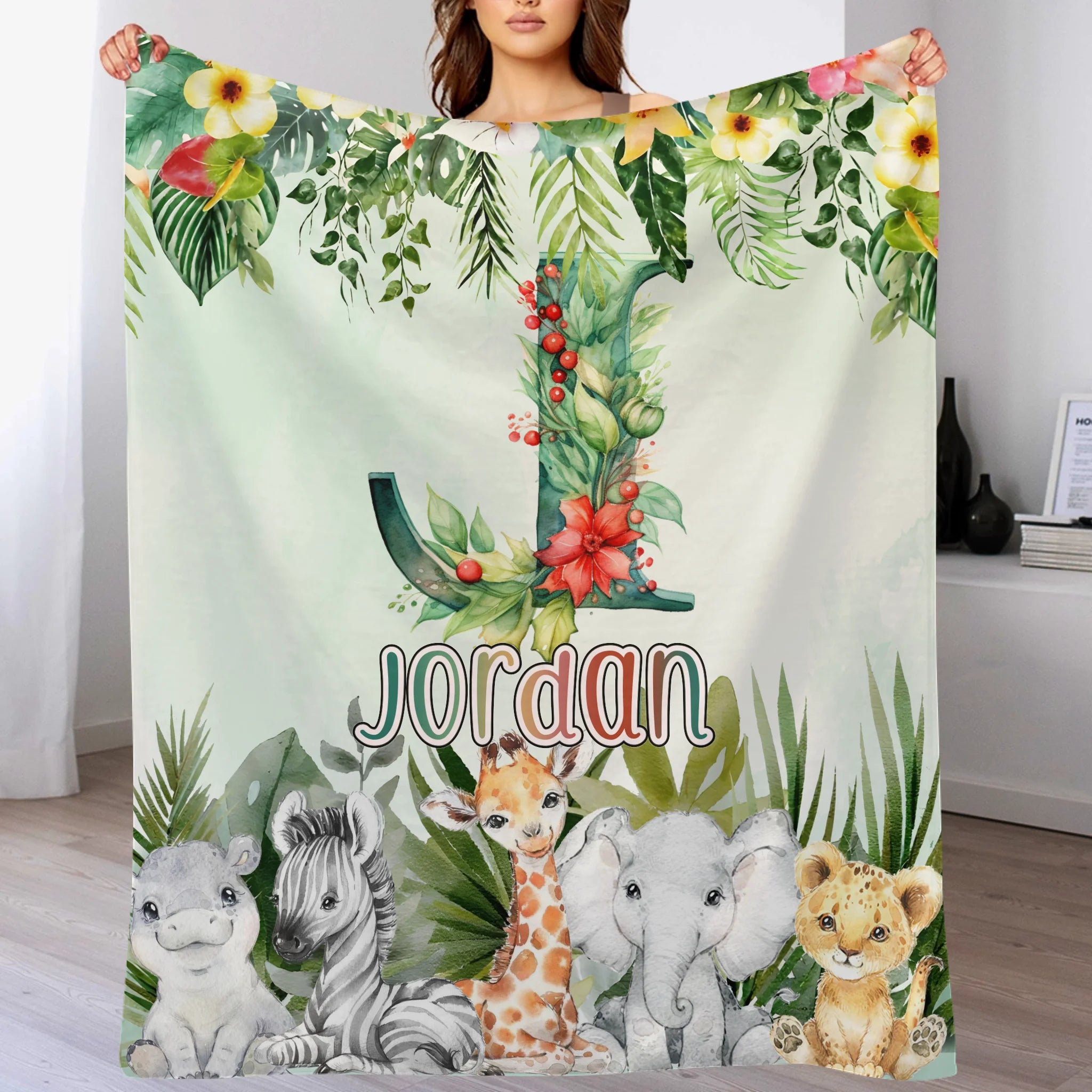 Custom Jungle Animal Blanket - Personalized Safari Baby Throw Blanket - Gift for Kids and Newborns - OLESA