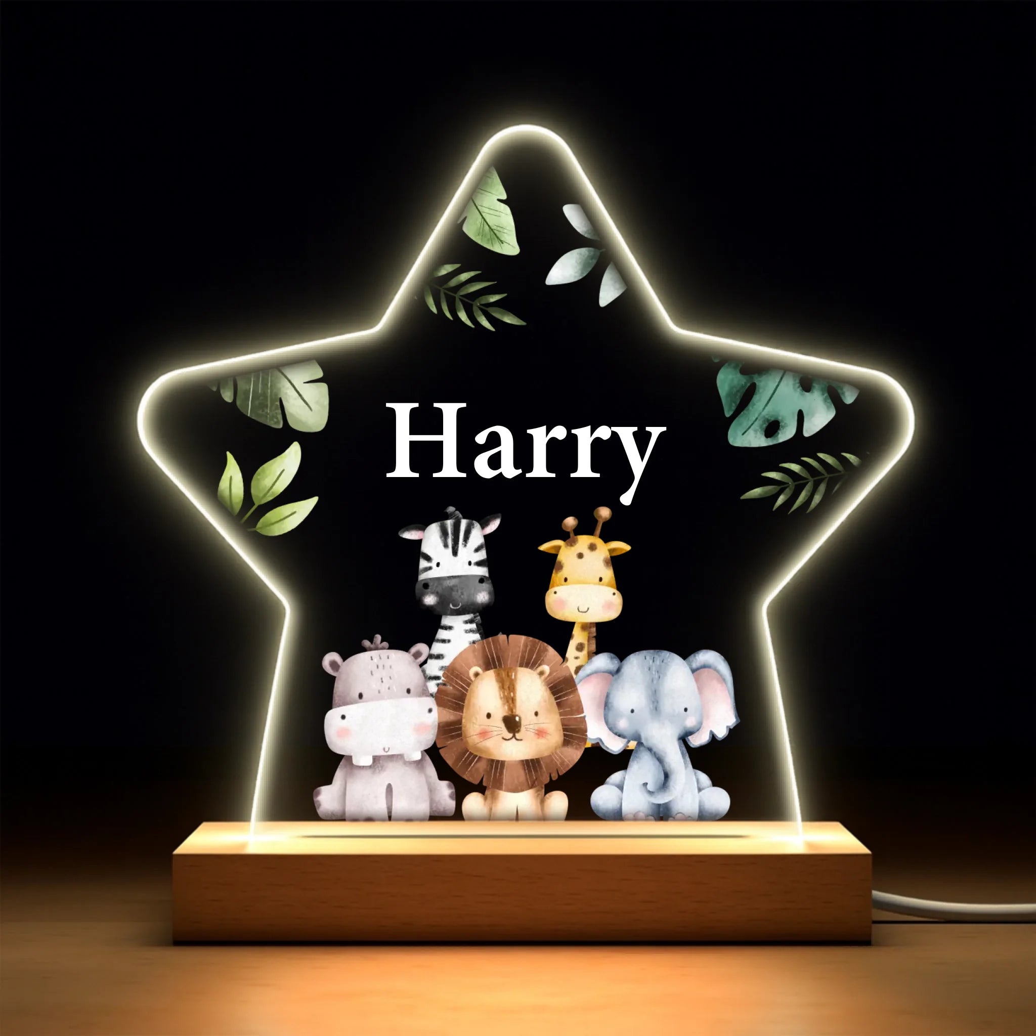 Custom Jungle Animal Star Night Light - Personalized Jungle Animal Nursery Lamp - Baby Shower Gift for Boys Girls - OLESA