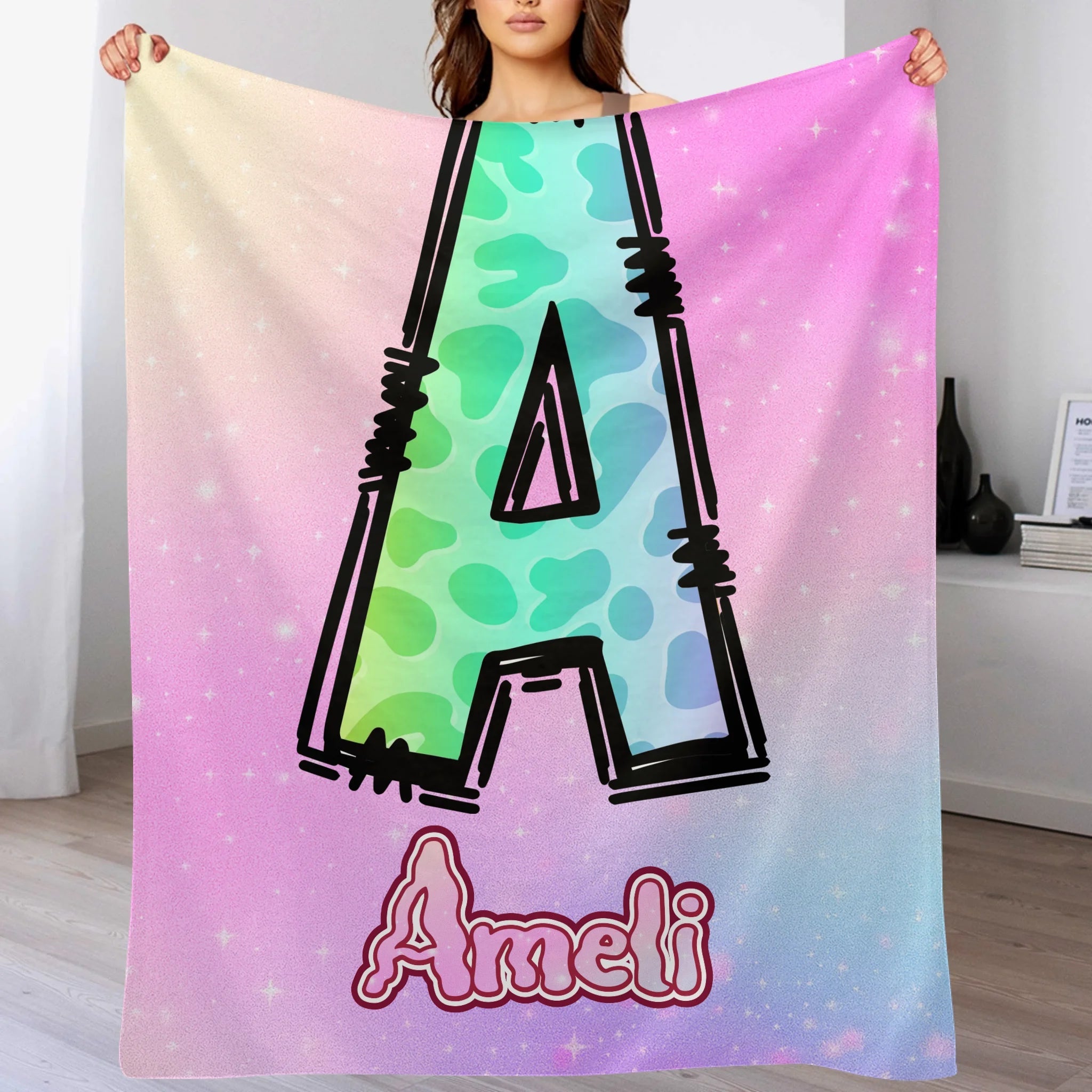 Custom Leopard Print Kids Blanket - Personalized Initial Name Throw Blanket - Gift for Girls Boys Children - OLESA