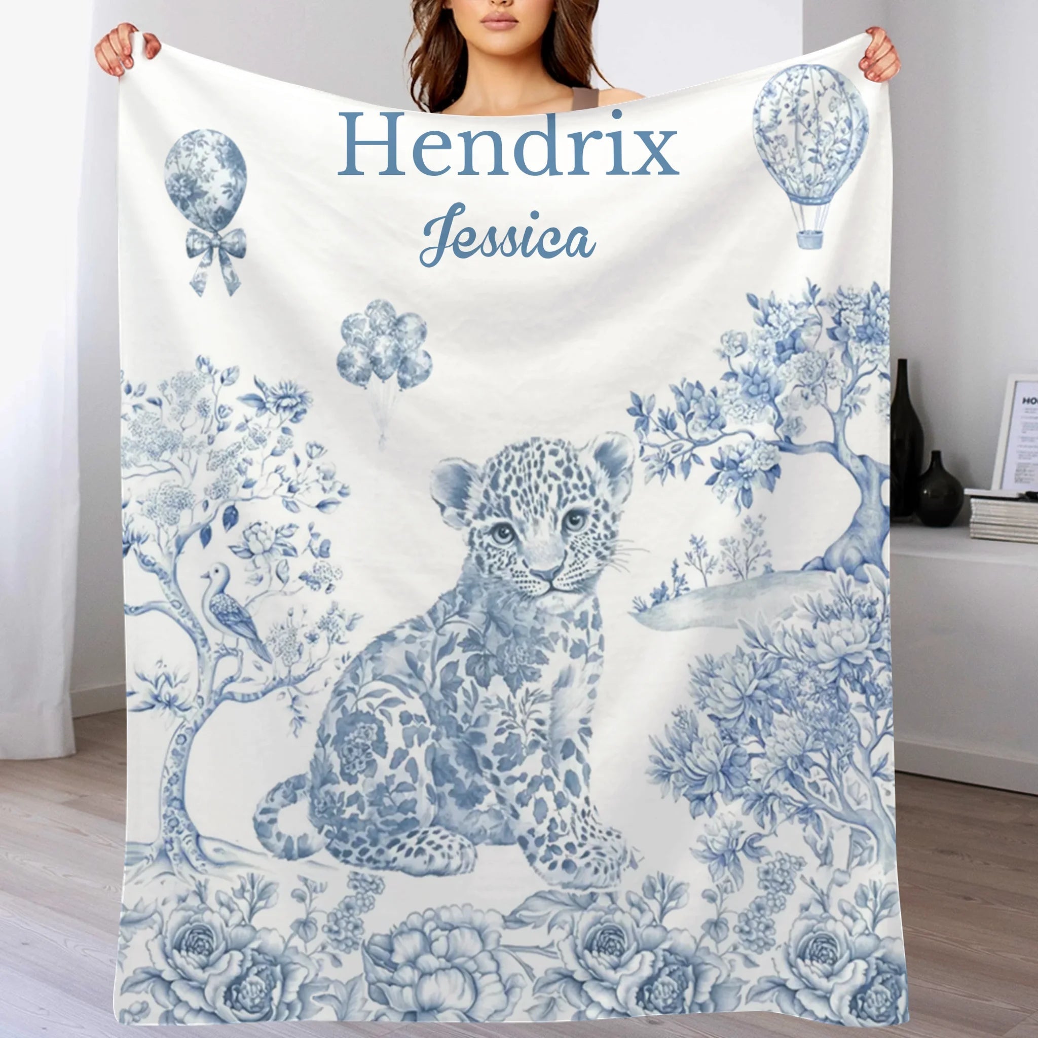 Custom Multicolored Floral Leopard Giraffe Elephant Soft Blanket - Personalized Name - Gift for Kids, Baby, Children - OLESA