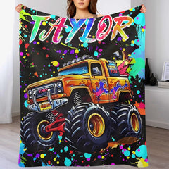Custom Name Monster Truck Splatter Blanket – Fun Gift for Truck Lovers & Kids - OLESA