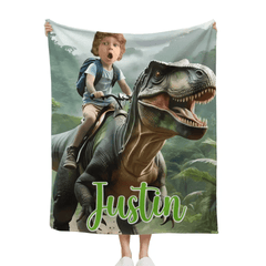 Custom Name Photo Blanket Personalized Paw Boy Riding Dinosaur Blanket - OLESA