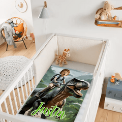Custom Name Photo Blanket Personalized Paw Boy Riding Dinosaur Blanket - OLESA