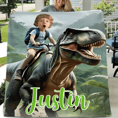 Custom Name Photo Blanket Personalized Paw Boy Riding Dinosaur Blanket - OLESA