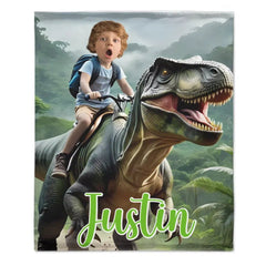 Custom Name Photo Blanket Personalized Paw Boy Riding Dinosaur Blanket - OLESA