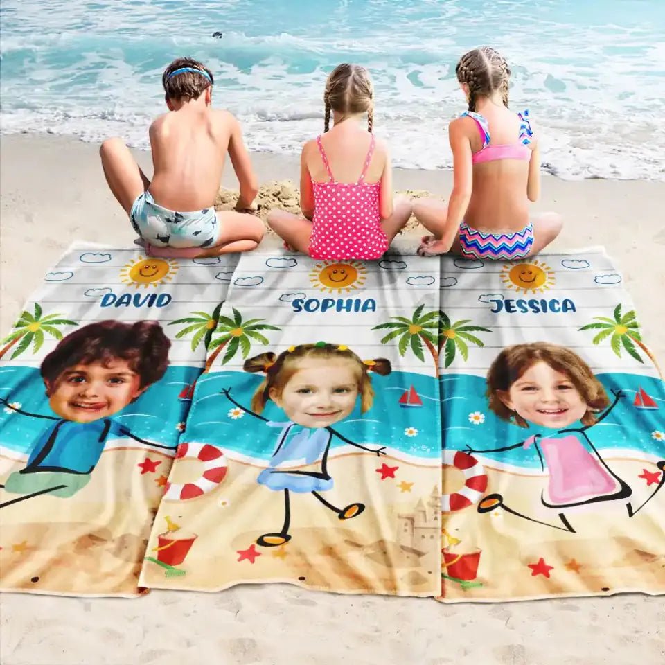 Custom Photo Playful Kids On The Beach Summer Vacation - Personalized Beach Towel - OLESA