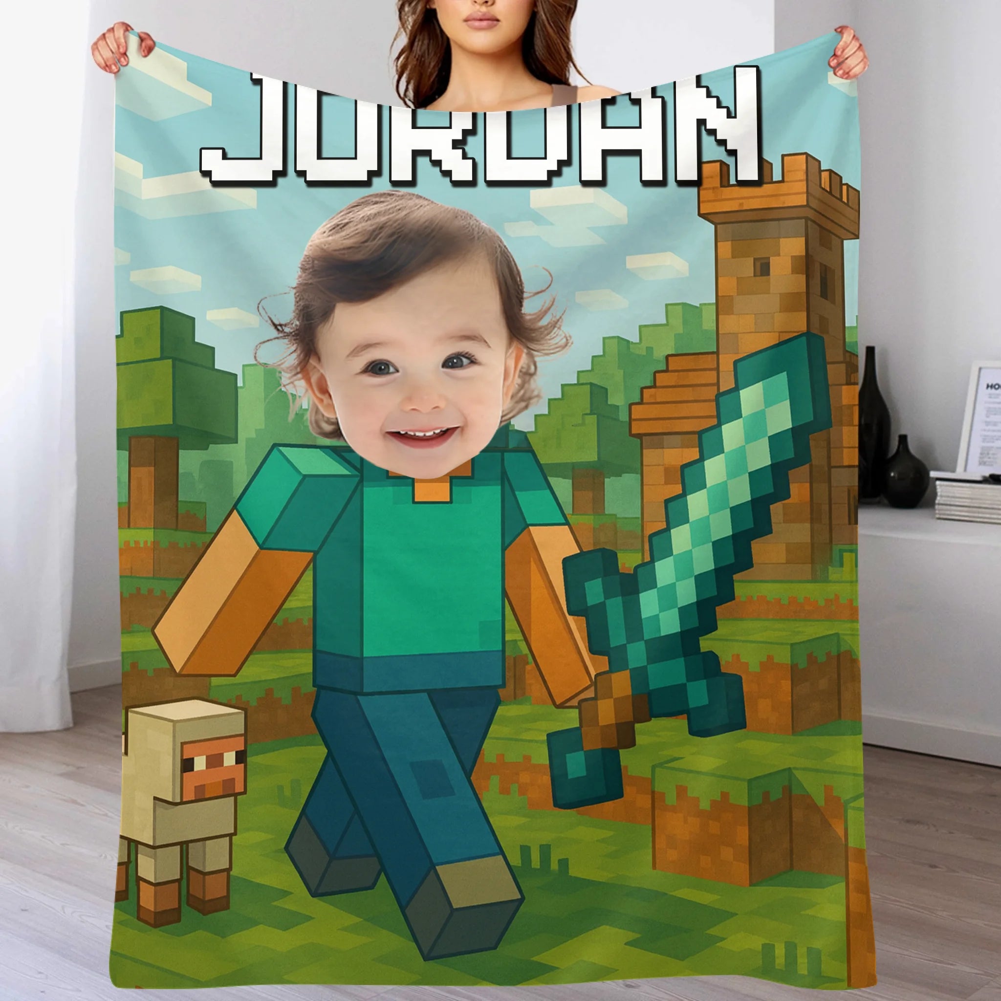 Custom Pixel Gamer Blanket - Personalized Minecraft Style Throw Blanket - Gift for Children - OLESA