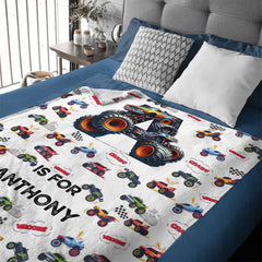 Custom Race Car Number Blanket - Personalized Monster Truck Birthday Throw - Gift for Kids, Boys - OLESA