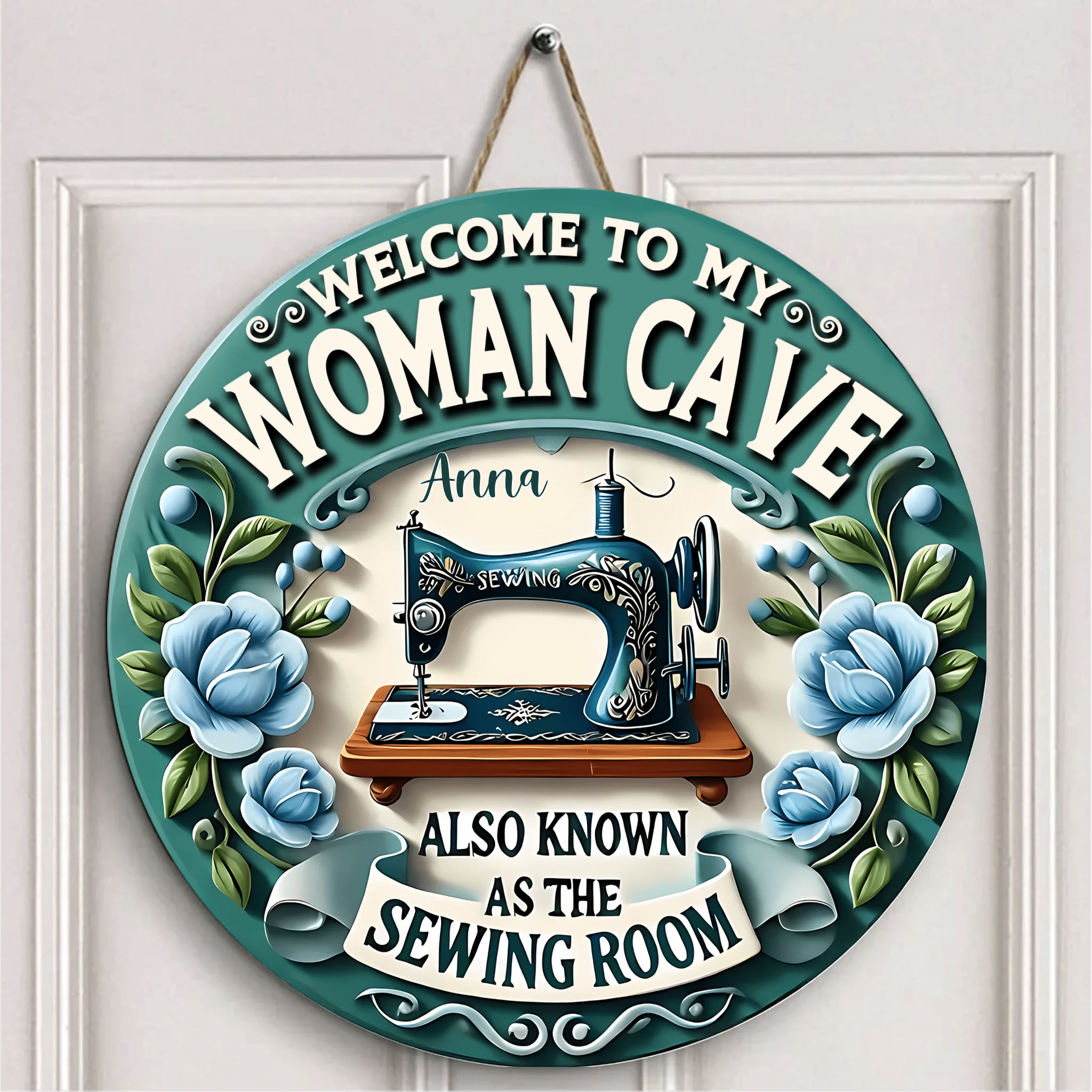 Custom Sewing Theme Door Plate - Personalized Name and Title Sewing Machine Pattern Round Wooden Sign - Gift for Family,Friend,Tailors,Sewing Enthusiasts - OLESA