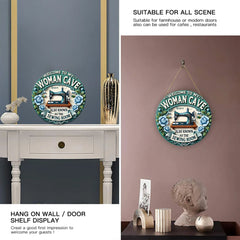 Custom Sewing Theme Door Plate - Personalized Name and Title Sewing Machine Pattern Round Wooden Sign - Gift for Family,Friend,Tailors,Sewing Enthusiasts - OLESA