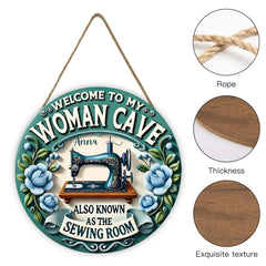 Custom Sewing Theme Door Plate - Personalized Name and Title Sewing Machine Pattern Round Wooden Sign - Gift for Family,Friend,Tailors,Sewing Enthusiasts - OLESA