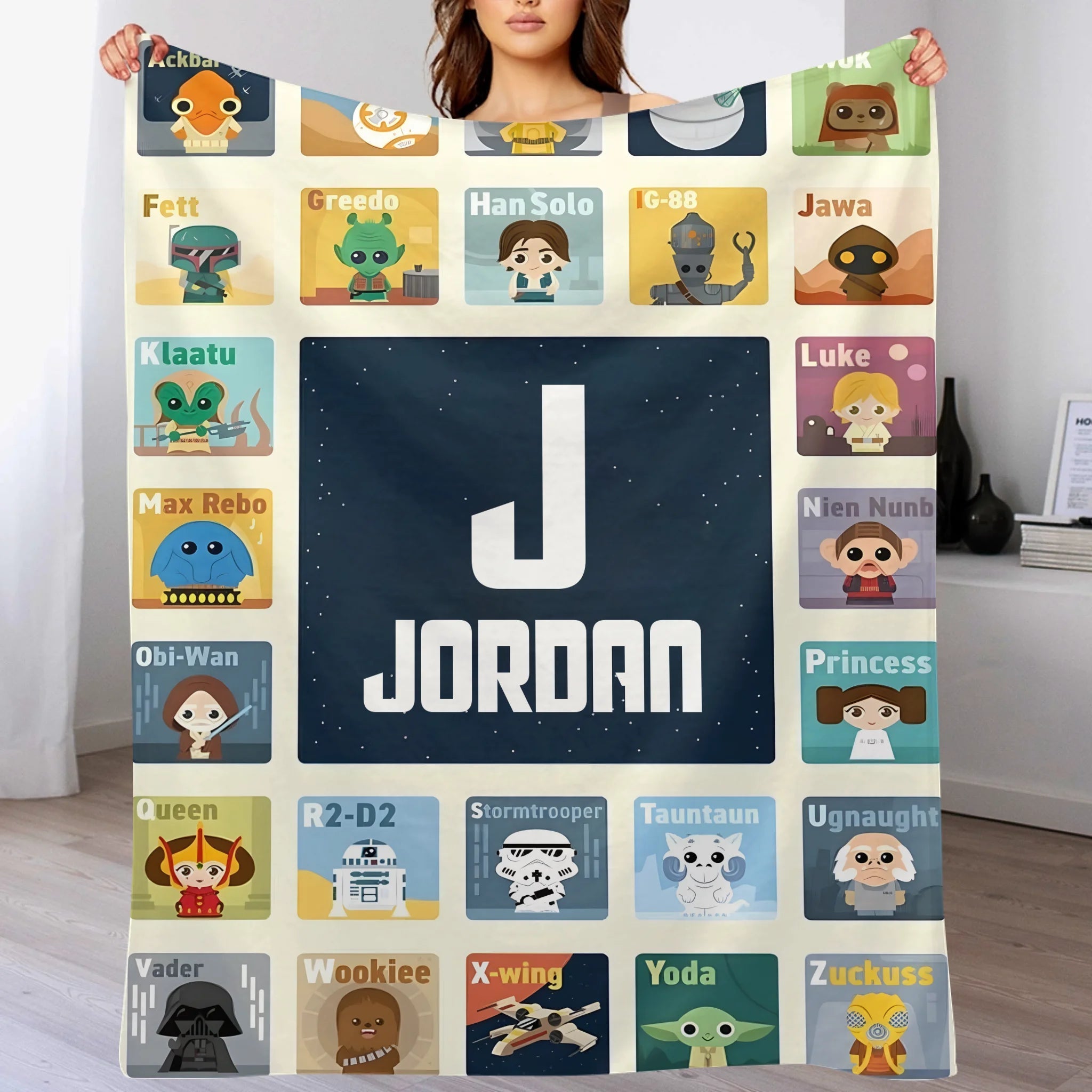 Custom Star Wars Alphabet Blanket - Personalized Cartoon Character Name Blanket - Gift for Kids - OLESA