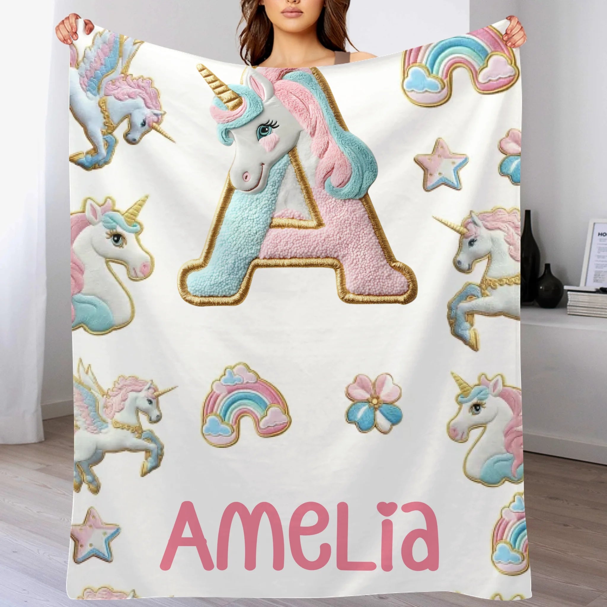 Custom Unicorn Alphabet Blanket - Personalized Initial & Name Rainbow Throw - Gift for Girls, Kids - OLESA