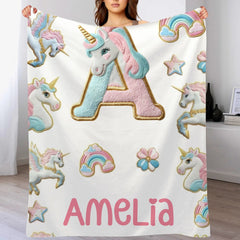 Custom Unicorn Alphabet Blanket - Personalized Initial & Name Rainbow Throw - Gift for Girls, Kids - OLESA