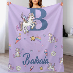 Custom Unicorn Initial Blanket - Personalized Letter & Name Kids Throw - Gift for Girls - OLESA