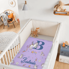 Custom Unicorn Initial Blanket - Personalized Letter & Name Kids Throw - Gift for Girls - OLESA