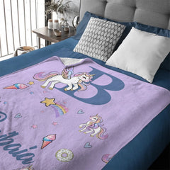 Custom Unicorn Initial Blanket - Personalized Letter & Name Kids Throw - Gift for Girls - OLESA