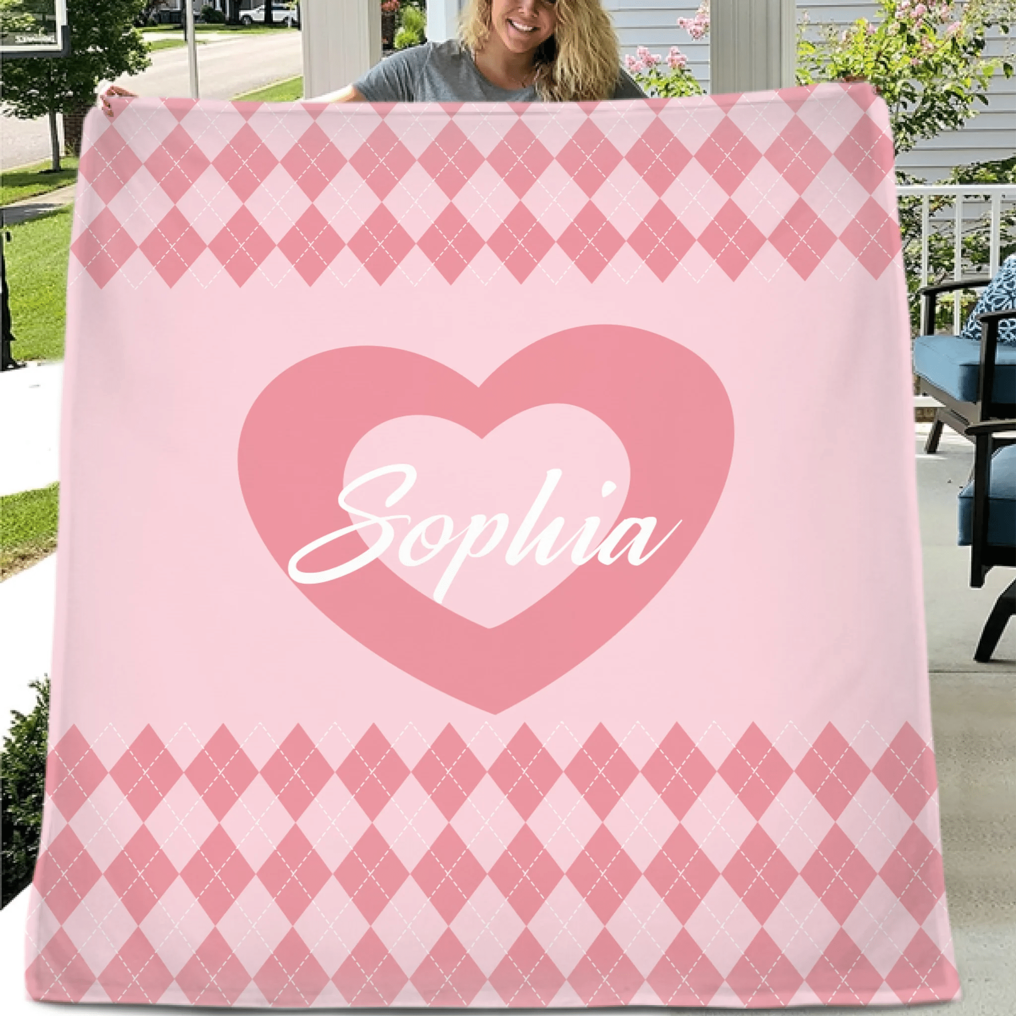 Custom Vintage Checker Heart Blanket – Personalized Argyle Heart Soft Throw – Gift for Girls - OLESA