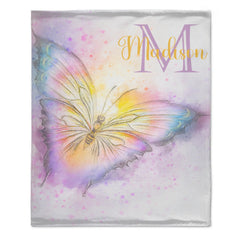Custom Watercolor Butterfly Blanket - Personalized Baby Initial Name Throw - Gift for Infant Girls Boys - OLESA