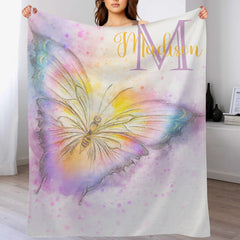 Custom Watercolor Butterfly Blanket - Personalized Baby Initial Name Throw - Gift for Infant Girls Boys - OLESA