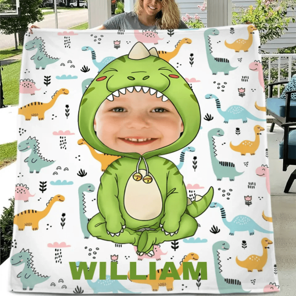 Customised Dinosaur Blanket - Personalised Name and Photo Dinosaur Clothes Pattern Blanket - A Gift For Children,Grandchildren,Boy,Girl,Dinosaur Lovers - OLESA