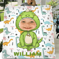 Customised Dinosaur Blanket - Personalised Name and Photo Dinosaur Clothes Pattern Blanket - A Gift For Children,Grandchildren,Boy,Girl,Dinosaur Lovers - OLESA