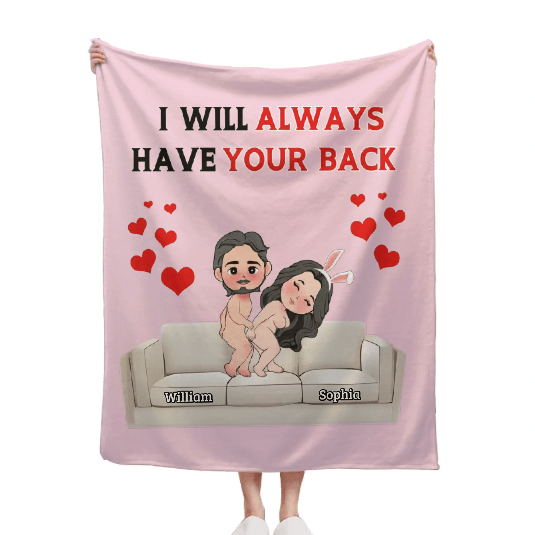 Customised Fun Couple Blanket - Personalised names and cartoon couple images Quirky Fun Blanket - Gifts for Girlfriends, Boyfriends, Husbands, Wives - OLESA