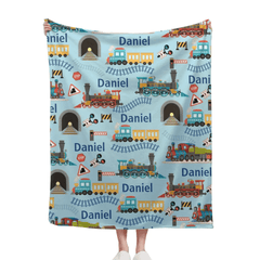 Customised Railway Train Blanket - Personalised Name Railway Train Pattern Blue Blanket - A Gift For Children,Boy,Baby,Train Lover - OLESA