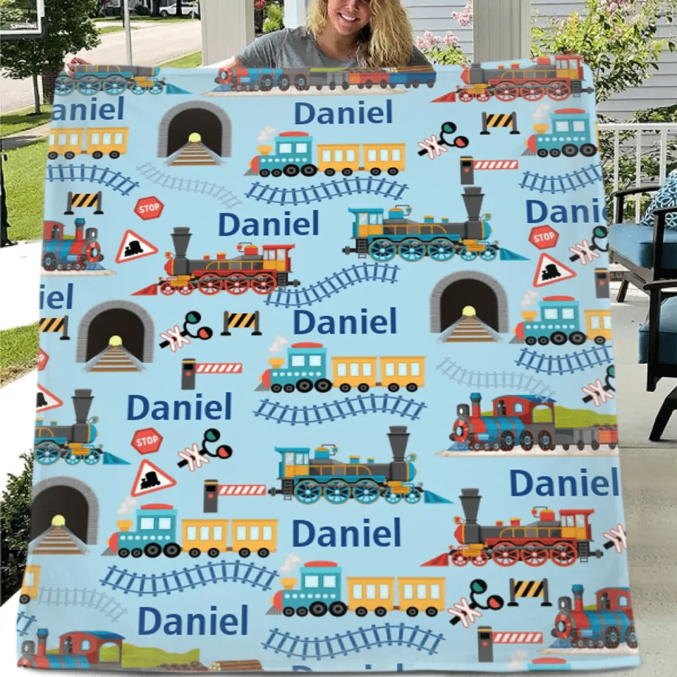Customised Railway Train Blanket - Personalised Name Railway Train Pattern Blue Blanket - A Gift For Children,Boy,Baby,Train Lover - OLESA