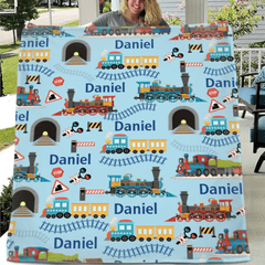Customised Railway Train Blanket - Personalised Name Railway Train Pattern Blue Blanket - A Gift For Children,Boy,Baby,Train Lover - OLESA