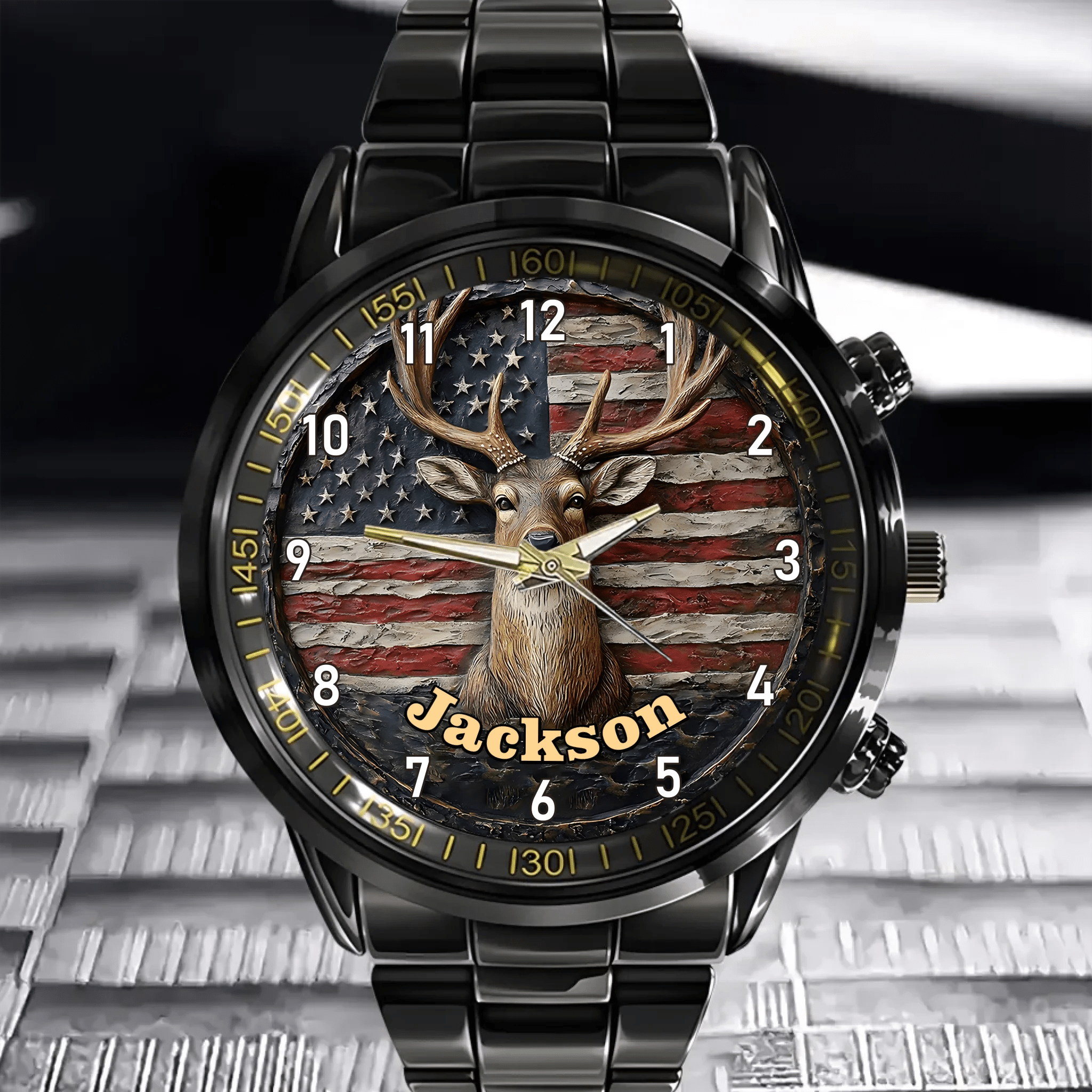 Customized American Flag and Forest Deer Pattern Watch - Personalize Name - OLESA