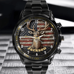 Customized American Flag and Forest Deer Pattern Watch - Personalize Name - OLESA