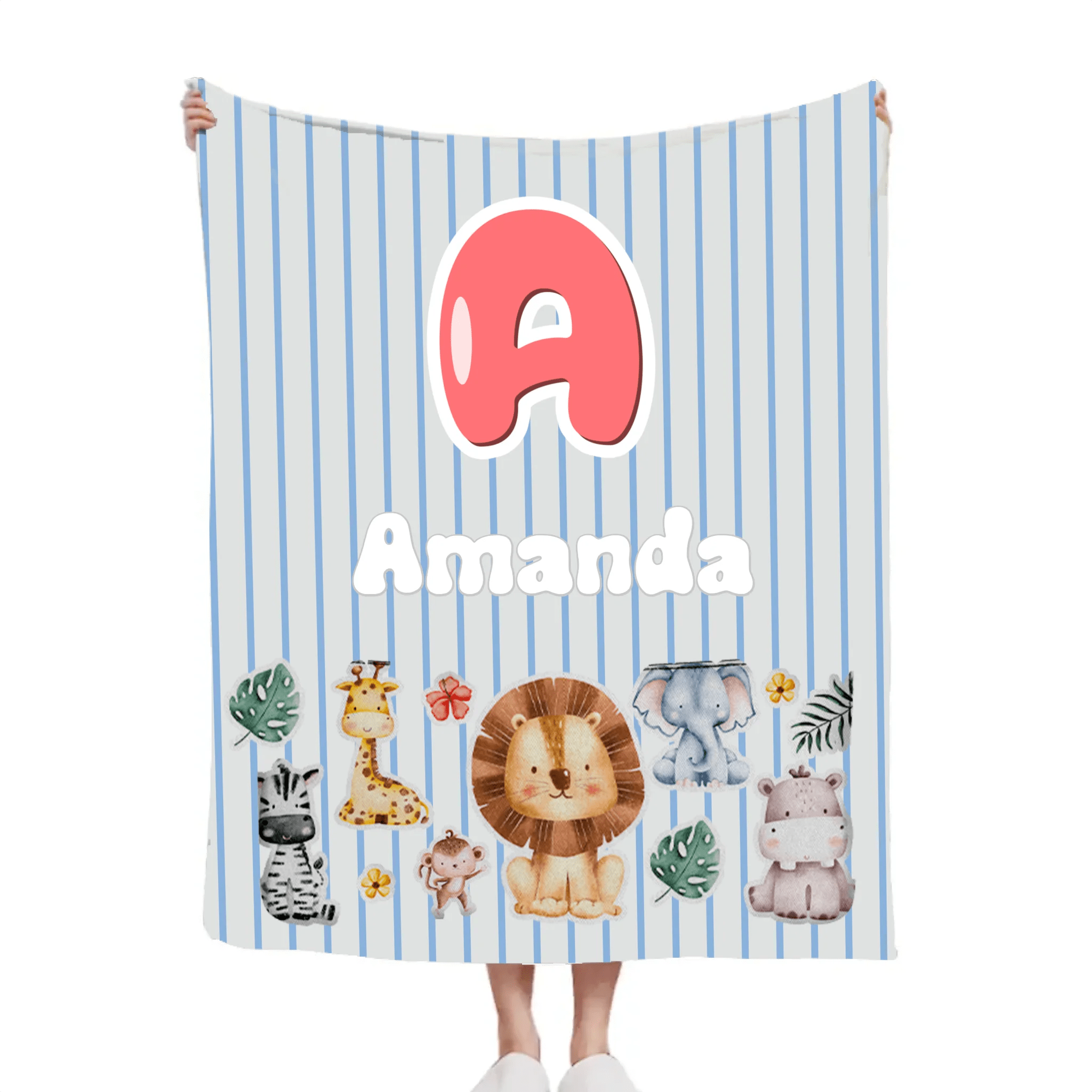 Customized Animal Pattern Colorful Vertical Stripe Blanket - Personalized Name - Gifts For Child - OLESA