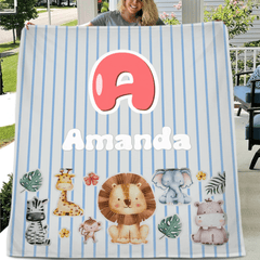 Customized Animal Pattern Colorful Vertical Stripe Blanket - Personalized Name - Gifts For Child - OLESA