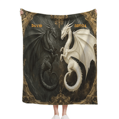 Customized Black and White Dinosaur Blanket - Personalized Name Dark Flannel Blanket - A Gift For Dinosaur Lovers - OLESA