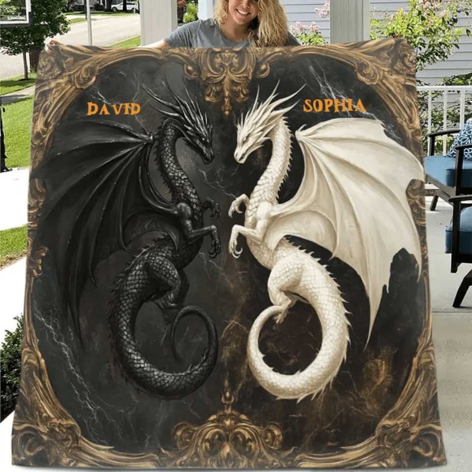 Customized Black and White Dinosaur Blanket - Personalized Name Dark Flannel Blanket - A Gift For Dinosaur Lovers - OLESA