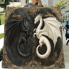Customized Black and White Dinosaur Blanket - Personalized Name Dark Flannel Blanket - A Gift For Dinosaur Lovers - OLESA