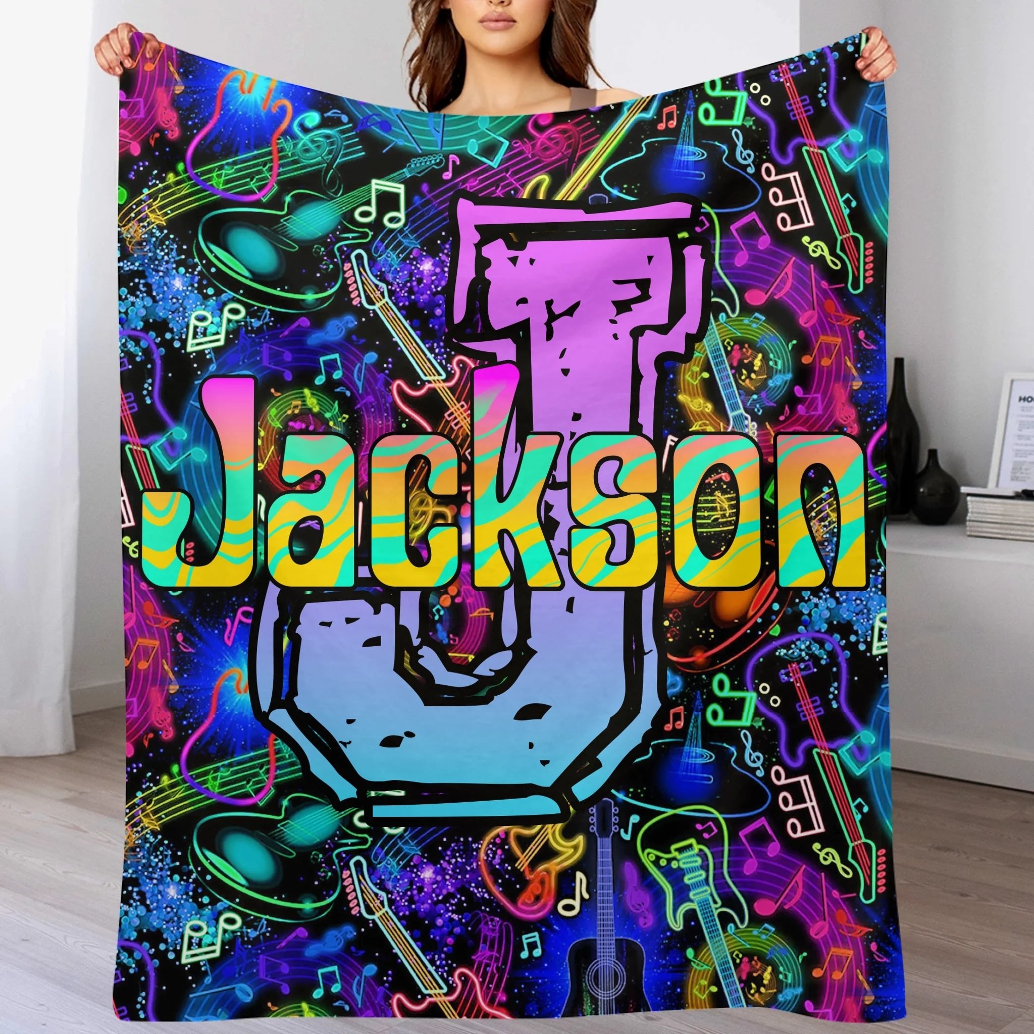 🎸Customized Black Neon Music Notes & Guitars Blanket - Personalized Name - Gifts For Rockstars, Music Lovers - OLESA