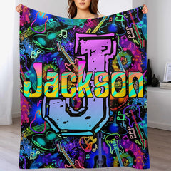 🎸Customized Black Neon Music Notes & Guitars Blanket - Personalized Name - Gifts For Rockstars, Music Lovers - OLESA